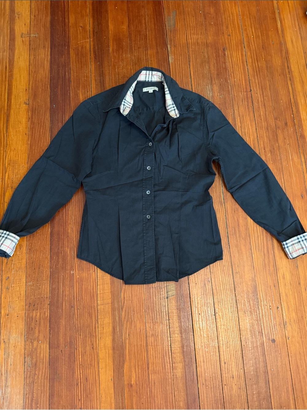 Authentic Burberry London Black Button-Down Shirt with Classic Plaid Trim SZ M
